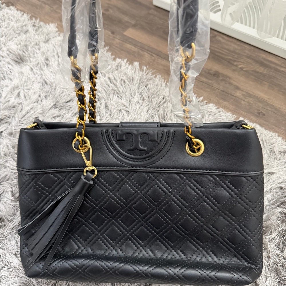Tory Burch Black Quilted Shoulder Bag with Gold Accents